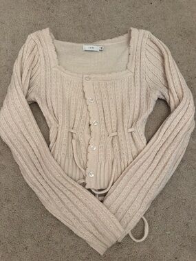 Lush Cream Ribbed Tie-Front Button Cardigan